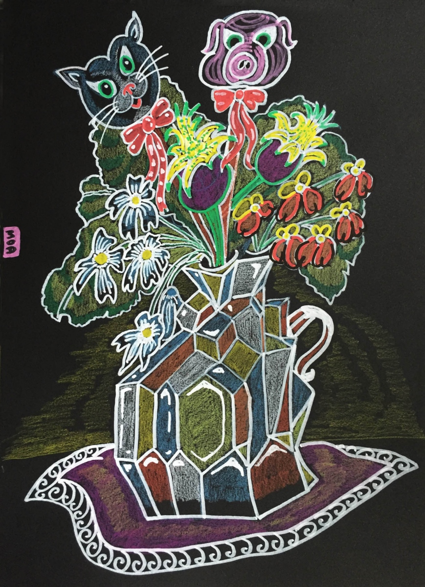 Tusj og fargeblyant på svart tegneark, A3, 2016